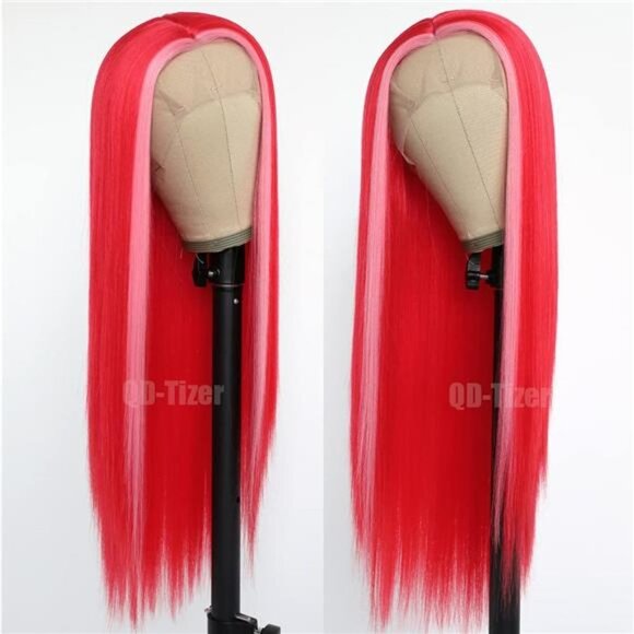 Streaks Heat Resistant Fiber Hair Synthetic Lace Front Wigs - #F-Red main image 5